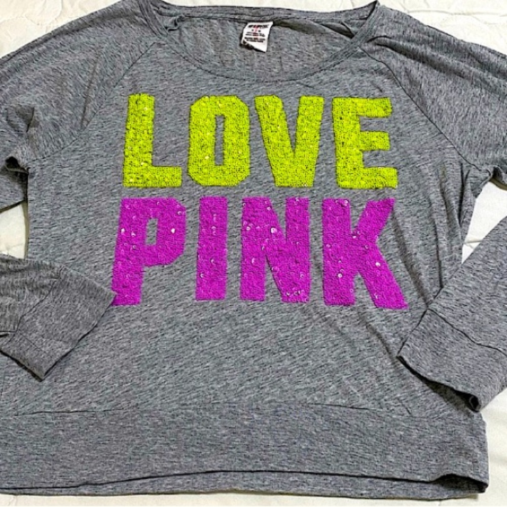 Rare Vintage PINK Gray LongSleeve Y2K Sequined Neon Yellow/ Purple Logo